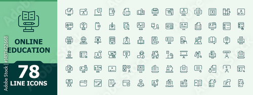 Online Education icon set. Minimal icons collection. Pictograms of online class, computer, education, study, school. Editable stroke vector art. E-Learning icon set in linear style.