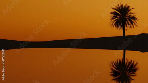 Serene Sunset Palm Tree Reflection Oasis Landscape