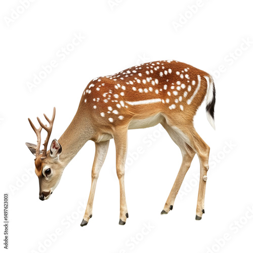 Young spotted deer grazing isolated on fawn buck wild on transparent background
