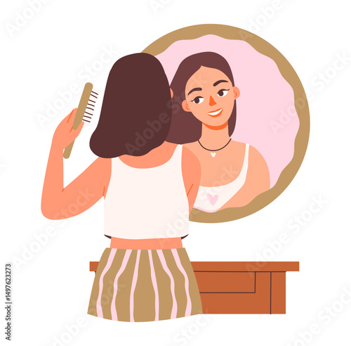 Flat vector illustration of a woman’s daily beauty routine. A woman combs her hair in front of a mirror.