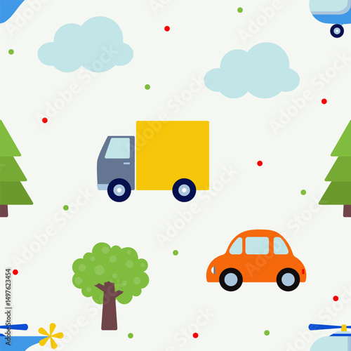 Cars, helicopters and trees on a light beige background. Fun childish pattern under clipping mask. Flat style. Background for paper, gift wrap, textile, card, wallpaper.