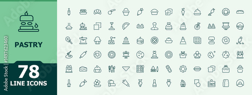 Pastry icon set. Trendy minimal icons. Cake icon collection. Contains such icons as sweet, cookie, bake, cake, bakery and more. Editable stroke. Vector collection.