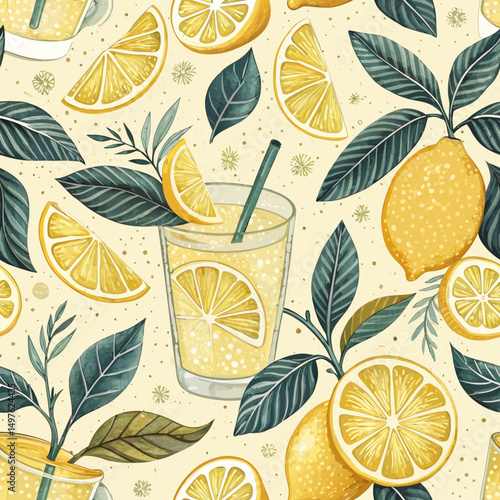 *Seamless watercolor lemonade background with citrus slices and bright yellow swirls – Cheerful zesty summer pattern for textiles and branding