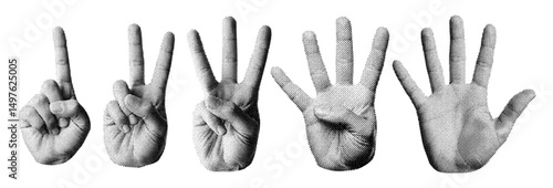 hands showing one to five fingers count signs, vintage photocopy style, retro halftone effect collection