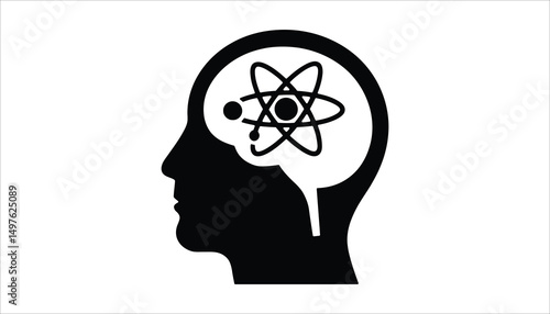 The Thinking Mind: A minimalist graphic representing a head silhouette with an atom, symbolizing thought, science, and the mind's inner workings.