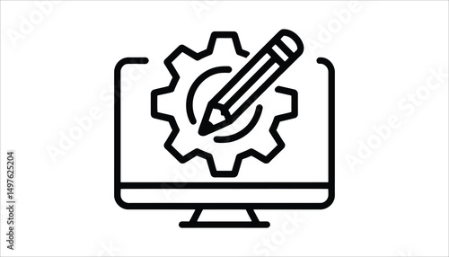 Digital Design Concept: A simple yet effective illustration depicts a computer screen displaying a gear and pencil, representing digital design, creative process, and technical workflow.