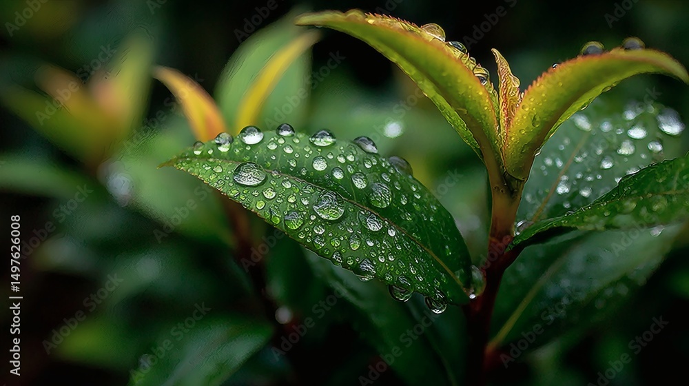 Close-up of dew drops on green leaves with soft morning light, macro photography style, high detail textures, fresh and natural mood Close-up of dew drops on green leaves with soft morning light, macro photography style, high detail textures, fresh and natural mood