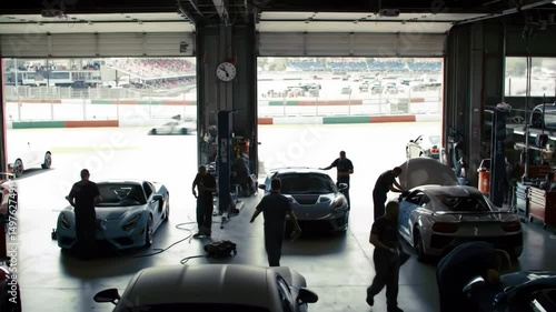 Automotive Garage Mechanics Working on Sports Cars at Race Track Contemporary