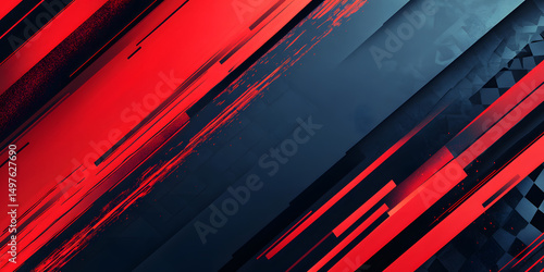 Flat vector style racing poster with dark red and charcoal abstract speed stripes at 45 degree angle