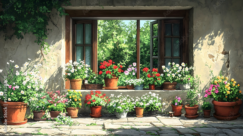 Naklejka premium Window box display with flowers of varied colors. Potted plants on a stone wall, view to lush foliage beyond