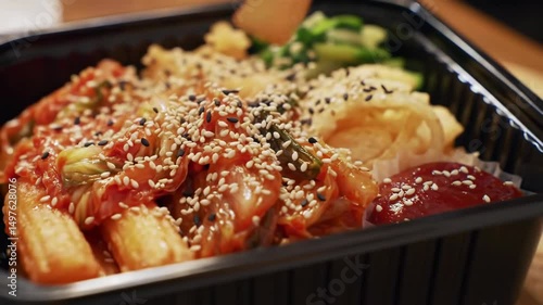 Preparing Korean Lunchbox Close Up Style with Kimchi and Sesame Seeds