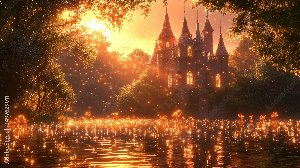 Obraz premium Enchanting castle at golden sunset