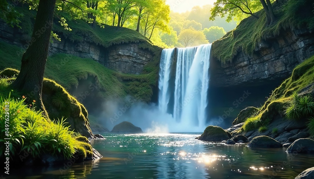Naklejka premium Serene cascading waterfall tumbling down lush green hills, sunlight dappling the water's surface Perfect for nature, travel, and environmental themes , stunning, landscape