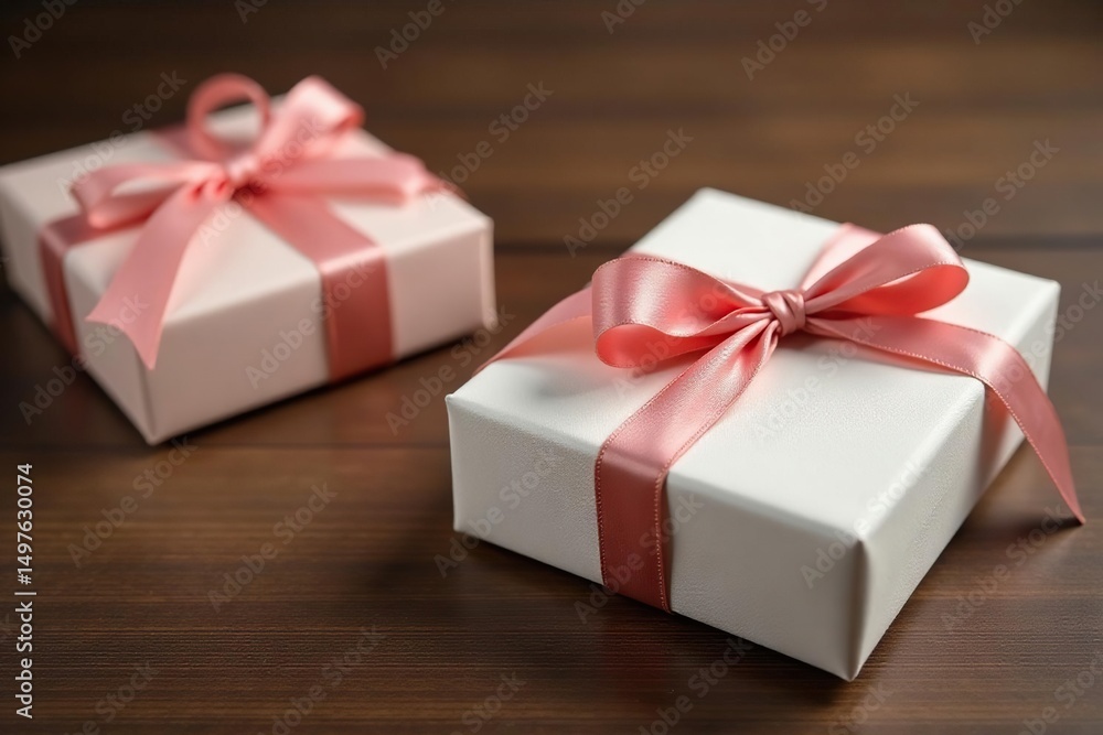 Fototapeta premium Elegant minimalist gift boxes, silk ribbon, wood table, business, detail