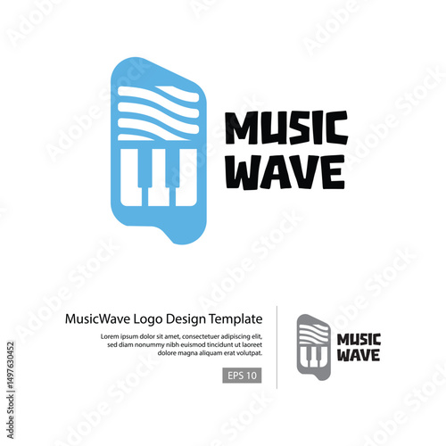 Music Wave logo template with piano combined with wave and blue dominant color.