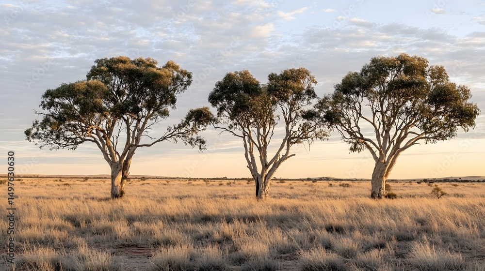 Three Eucalyptus Trees Sunset Australian Outback Landscape Three Eucalyptus Trees Sunset Australian Outback Landscape