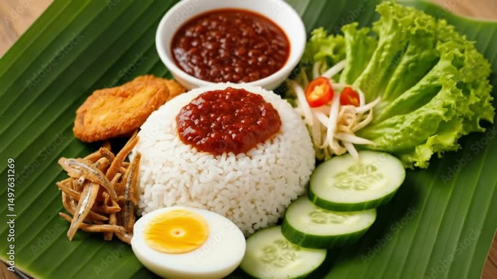 A captivating food shot of a traditional Malaysian dish, artfully arranged on a vibrant green banana leaf. The plate features fragrant coconut rice, accompanied by flavorful chili paste, boiled egg. A captivating food shot of a traditional Malaysian dish, artfully arranged on a vibrant green banana leaf. The plate features fragrant coconut rice, accompanied by flavorful chili paste, boiled egg.