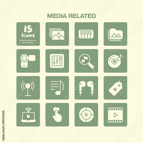 Essential media related icons pack featuring symbols for video audio music streaming sharing and digital content playback controls