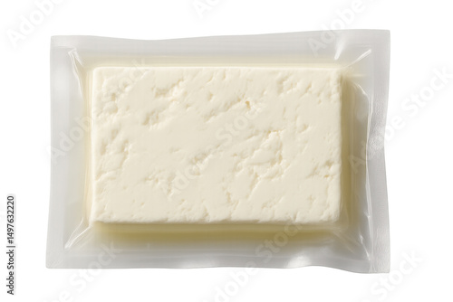 Vacuum-packed feta cheese block isolated on transparent background