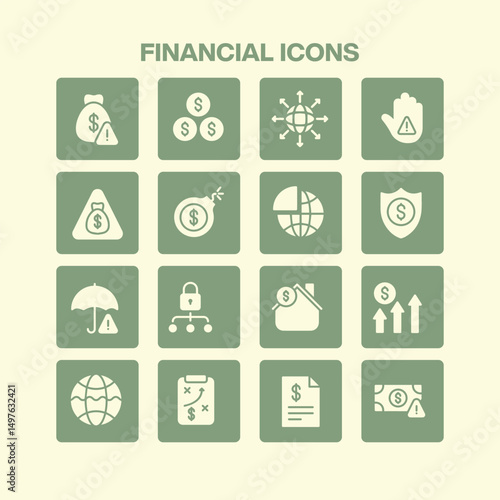 A comprehensive set of sixteen financial icons representing various aspects of money management risk assessment security and data analysis for business and economic themes