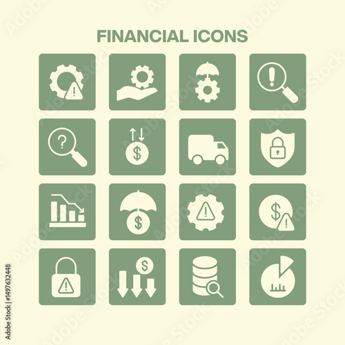 A comprehensive set of sixteen financial icons representing various aspects of money management risk assessment security and data analysis for business and economic themes