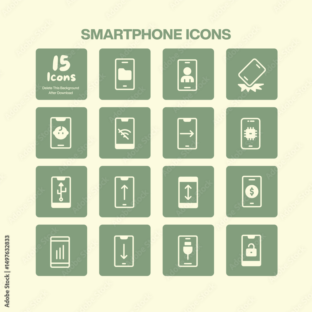 A comprehensive collection of fifteen smartphone icons representing mobile features such as charging data transfer security and various modes for technology and communication designs A comprehensive collection of fifteen smartphone icons representing mobile features such as charging data transfer security and various modes for technology and communication designs