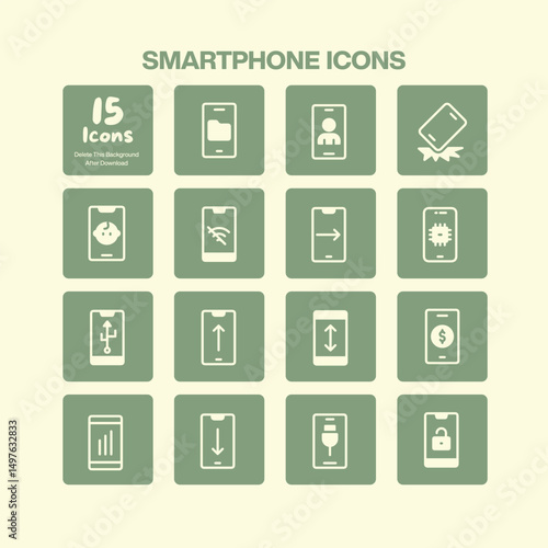 A comprehensive collection of fifteen smartphone icons representing mobile features such as charging data transfer security and various modes for technology and communication designs