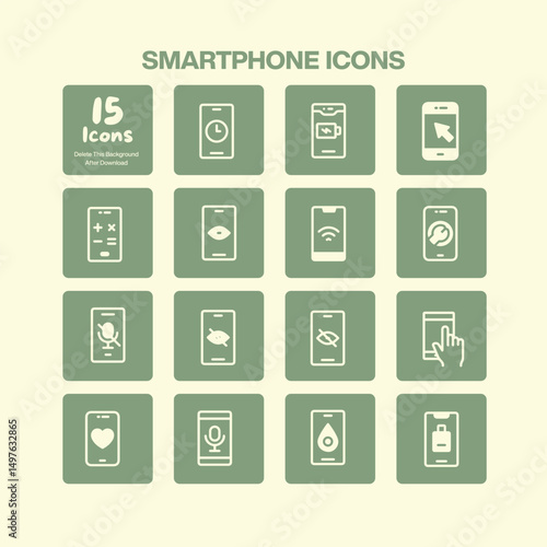 A comprehensive collection of fifteen smartphone icons representing mobile features such as charging data transfer security and various modes for technology and communication designs