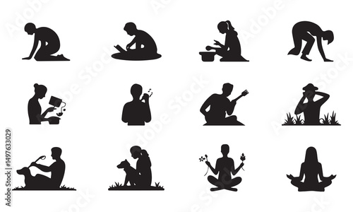 This image set features black silhouettes of various people involved in everyday activities on white background