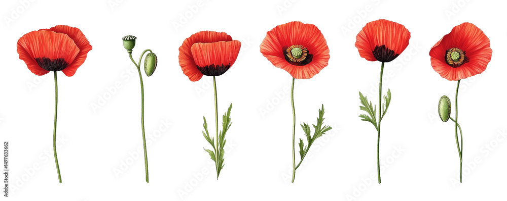 Fototapeta premium Red Poppy Flowers Botanical Illustration Set, Isolated on Transparent Background, Floral Design Elements, Poppy, Botanical Illustration, Floral