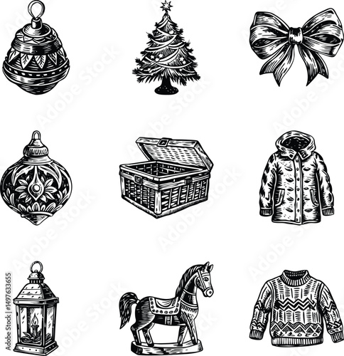 Pack of Vintage Style Winter Art Illustrations 

