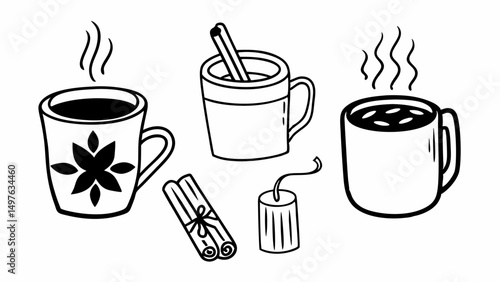 Illustration of three mugs with hot beverages and spices like cinnamon sticks and tea light candle created with generated ai