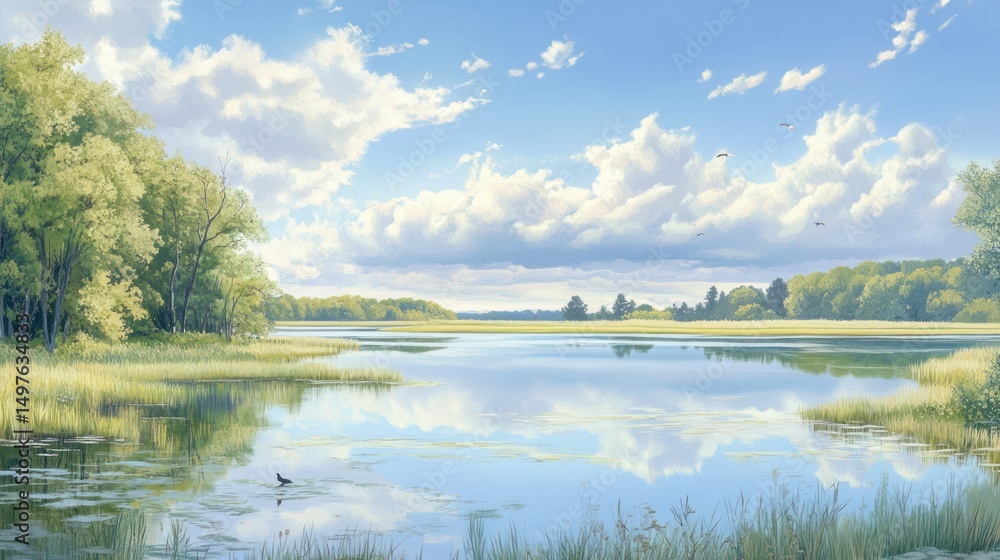 Fototapeta premium A serene lake reflects the sky under a vast landscape with vibrant trees.