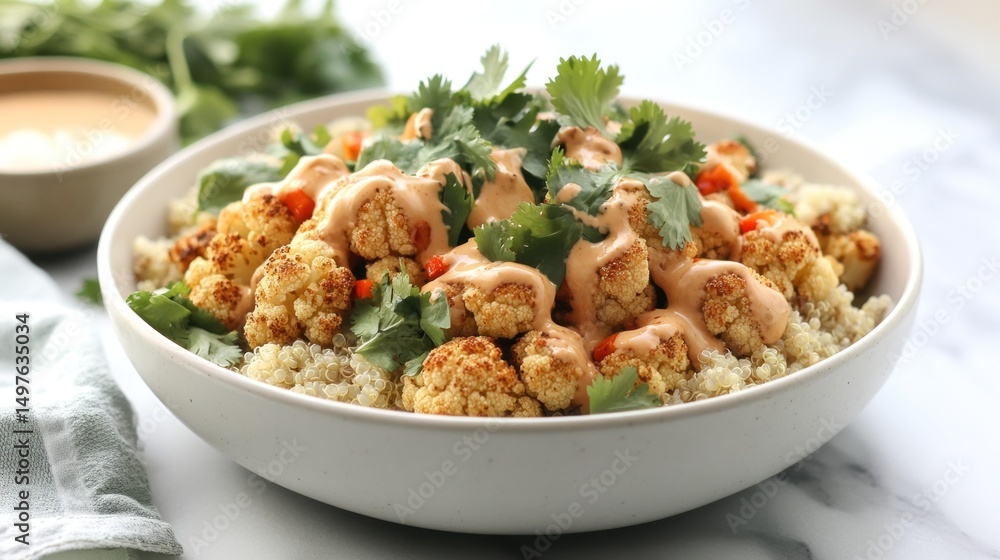 Roasted cauliflower and quinoa bowl with creamy sauce and cilantro. (1) Roasted cauliflower and quinoa bowl with creamy sauce and cilantro. (1)