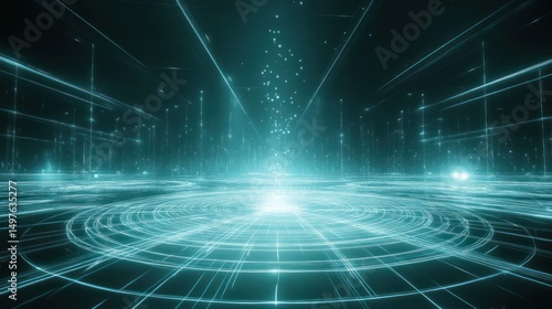 Abstract futuristic tech: glowing neon lines, circles, grids form a digitalscape