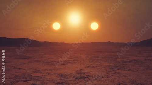 A barren landscape with three suns setting or rising on the horizon.