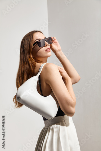 A stylish woman in sunglasses and with a white leather bag in her hand poses against a light background in fashionable summer clothes
