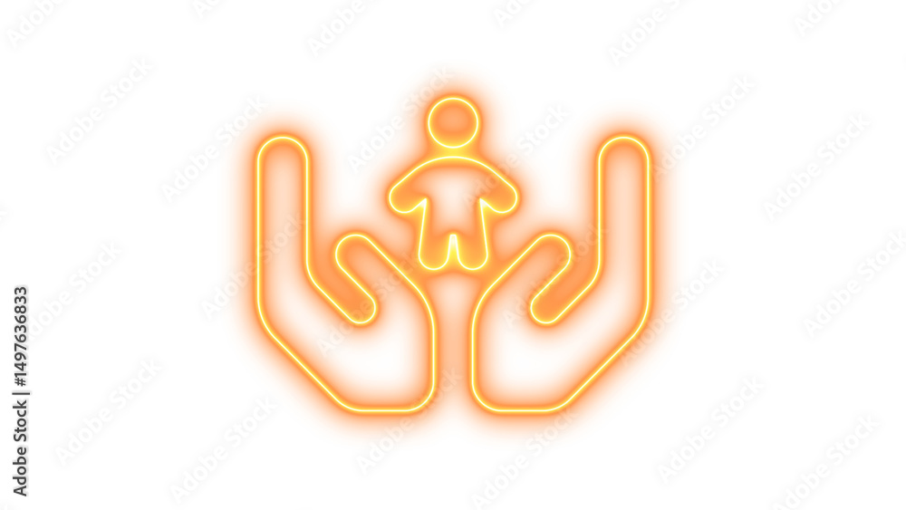 Fototapeta premium Neon hands holding child icon glow with transparent background