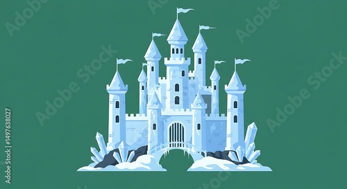 Fantasy Castle Illustration with Ice Crystals on Green Background