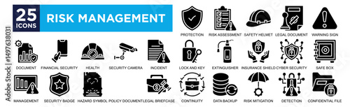 risk management icon collection set. Containing design Risk Assessment, Shield Protection, Safety Helmet, Legal Document, Warning Sign,