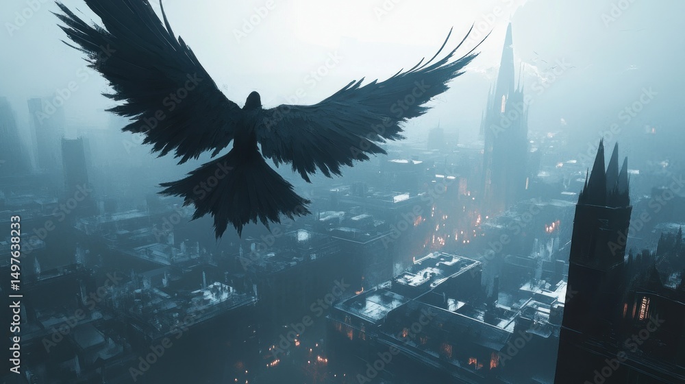 Obraz premium Dark bird flying over gothic city, smoke, fog.