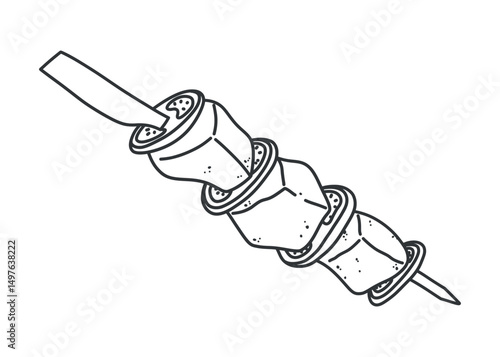 Line art doodle of Turkish shashlik with meat and tomatoes on skewer. Hand drawn black and white sketch of traditional shish kebab. Isolated vector for food design and culture themes.