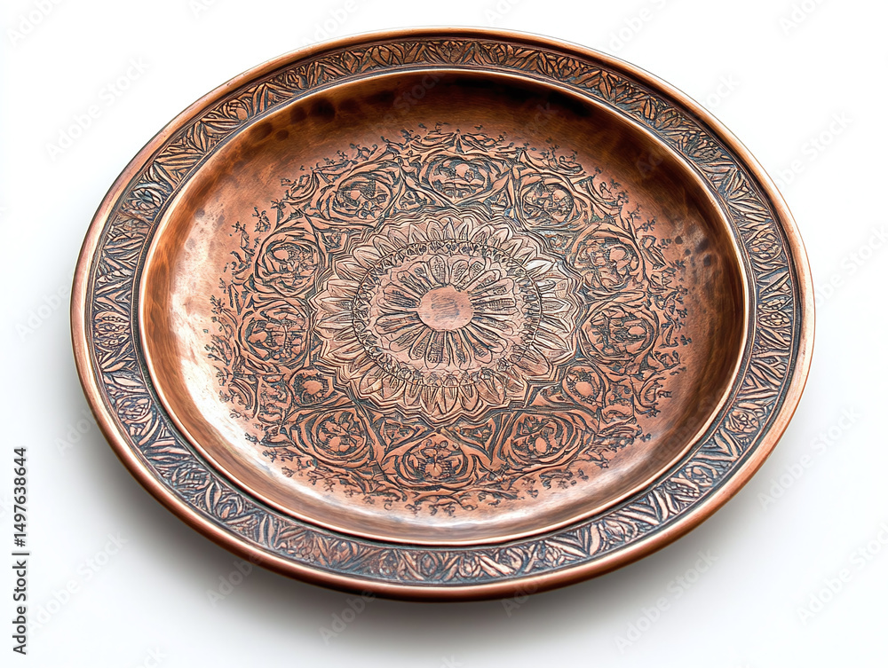 Fototapeta premium A hand-engraved copper plate, isolated on a white surface, showcasing detailed patterns and no shadow.