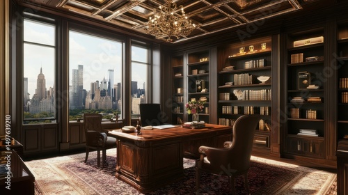 Luxurious office interior with a city view, classic wooden furniture.