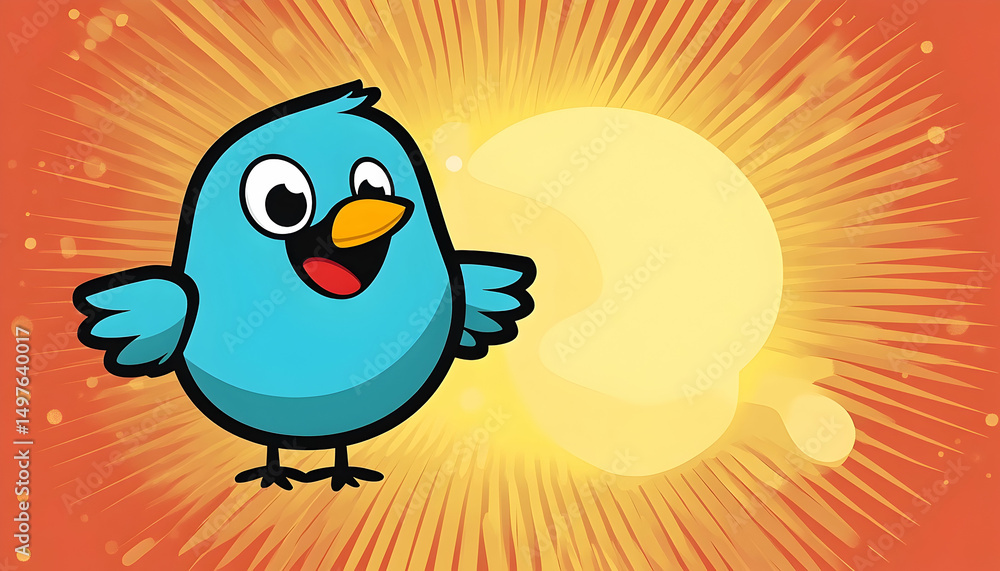 Obraz premium Animated blue bird stands before a yellow speech bubble on a radial orange background