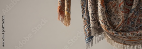 Bold patterned scarf draped on neutral backdrop, clothing, outfit, avant-garde