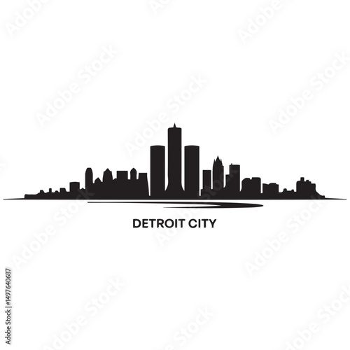 Detroit City skyline horizontal banner. Black Detroit City, Michigan. Vector template for your design. Vector black silhouette. with white background