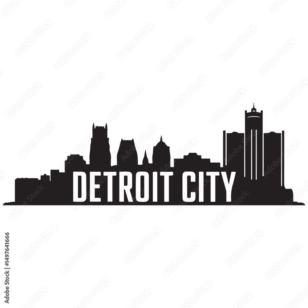 Detroit City skyline horizontal banner. Black Detroit City, Michigan. Vector template for your design. Vector black silhouette. with white background Detroit City skyline horizontal banner. Black Detroit City, Michigan. Vector template for your design. Vector black silhouette. with white background