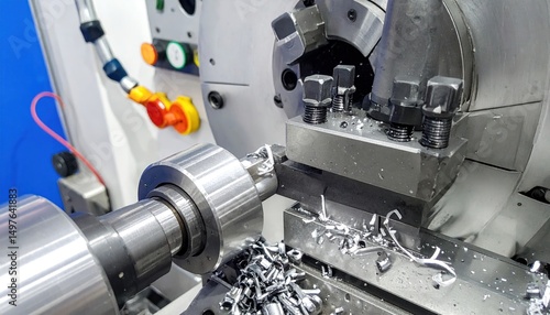 Close-up of CNC lathe machine cutting metal workpiece with swarf visible