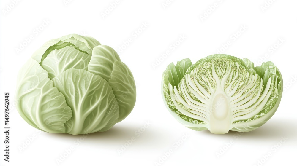 Fototapeta premium Two cabbages, one whole and one cut in half, on a stark white background.